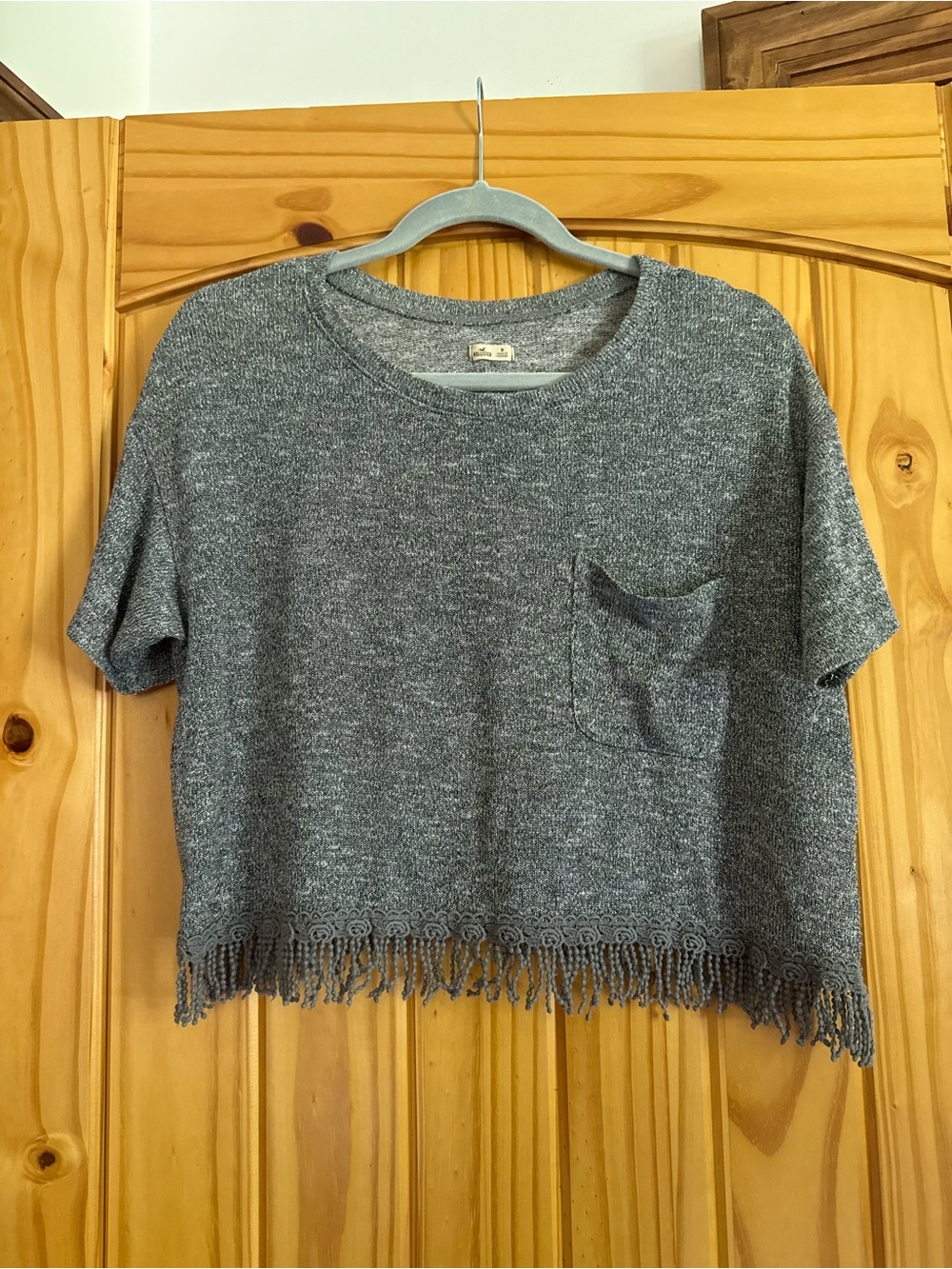 Hollister Gray Cropped Fringe Knit Top